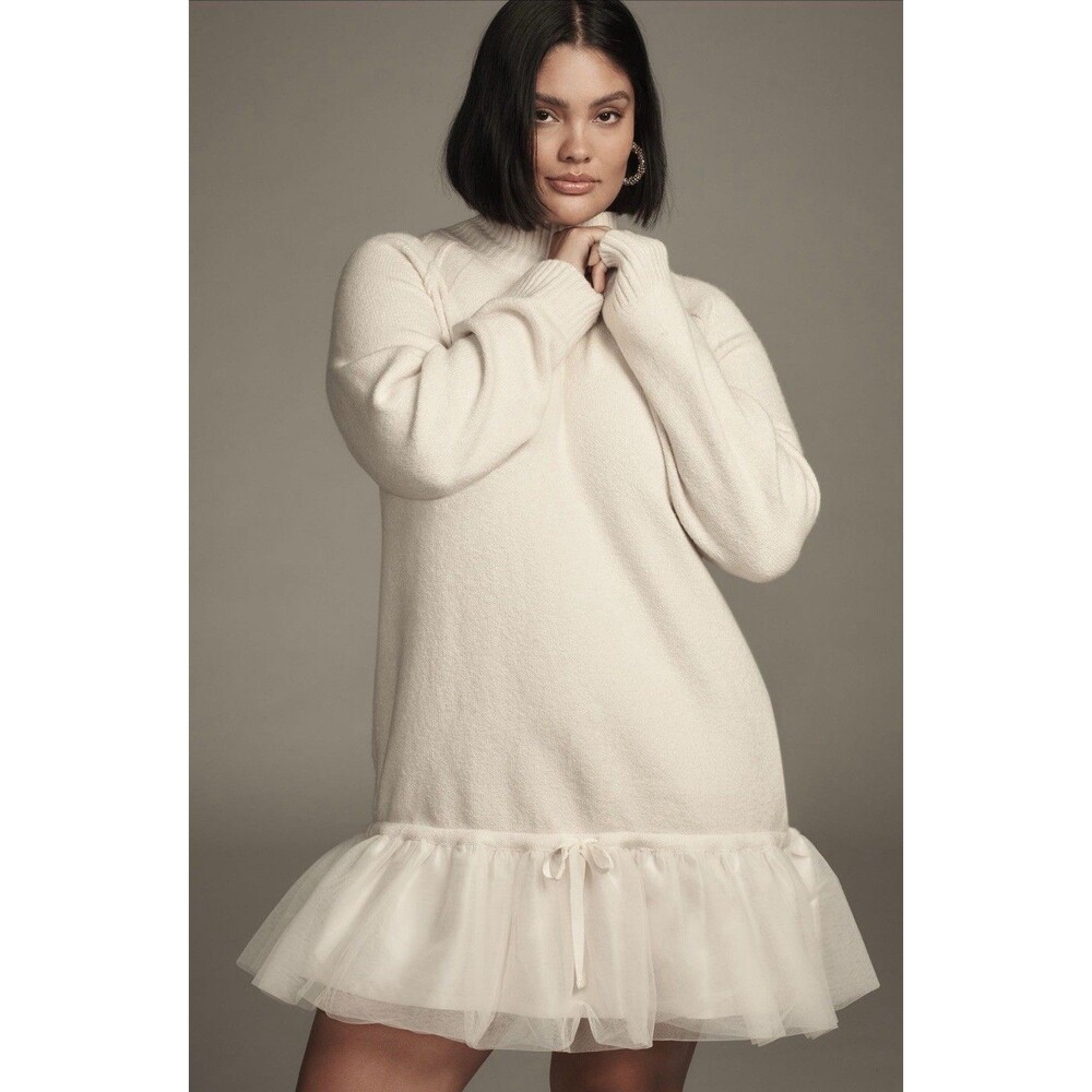 Anthropologie Mini Dress Ivory Long Sleeve Tulle Twofer Preppy Retro Large P NWT